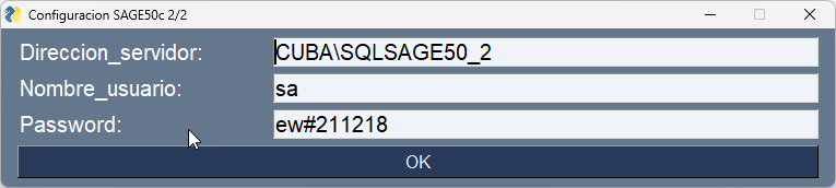 Servidor SQL, usuario y controlador en las opciones avanzadas