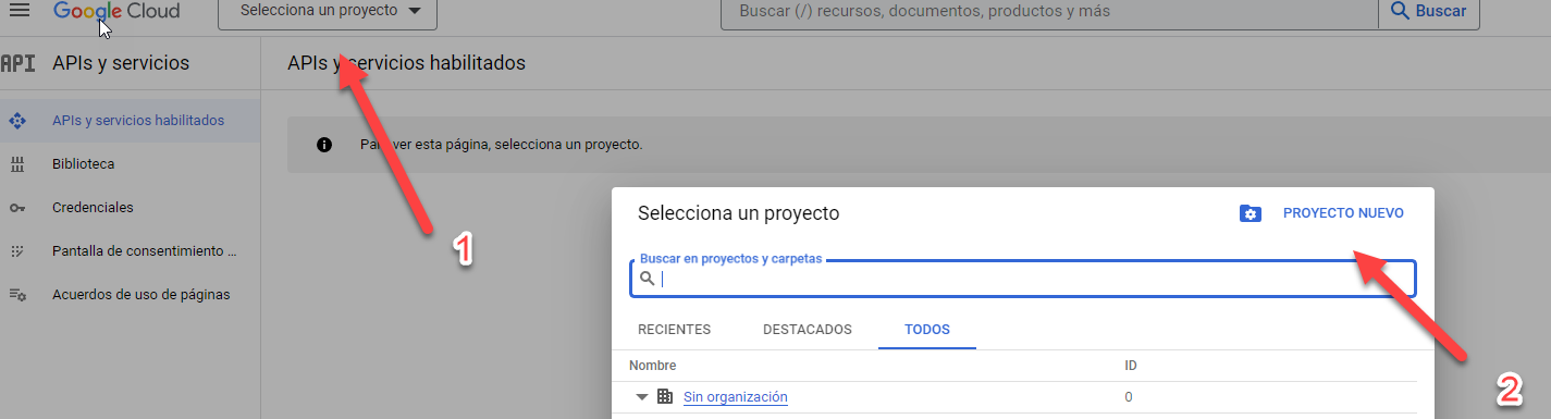 Selector para crear un proyecto en Google Cloud